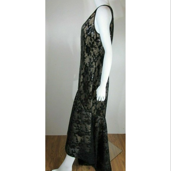 ELIZA J Sequin Lace Mesh High Low Trumpet Bodycon Dress, Black, Womens Size 12 - Picture 4 of 7